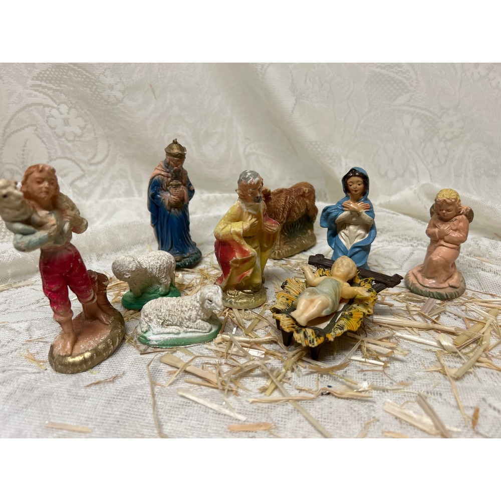Vintage Nativity Set, Hand Painted Christmas Holiday‎ Decor,10 Pieces, Mixed Set